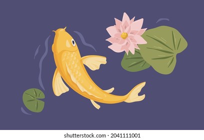 Japanese koi fish swimming in pond in Asian water garden. Decorative peaceful carp and lotus flower in Japan. Traditional Chinese goldfish with waterlily and leaf. Colored flat vector illustration