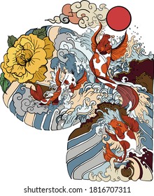 Japanese koi fish tattoo for chest and upper arm. Koi carp with water splash and peony flower tattoo.