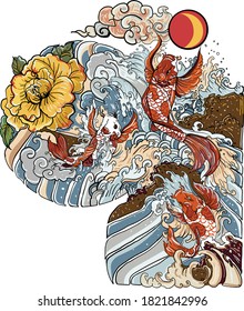 Japanese Koi Fish Tattoo For Chest And Upper Arm. Koi Carp With Water Splash And Peony Flower Tattoo.