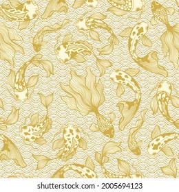 Japanische Koi-Fisch-Vektorgrafik Nahtlose Muster in goldener Beige Farben für Stoffdruck