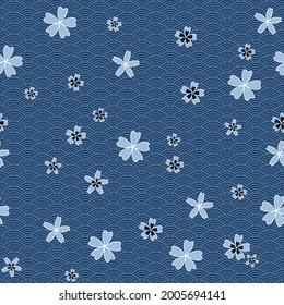 Japanese Koi Fish Vector Seamless Pattern in Deep Blue Colors for Fabric Textile Printing