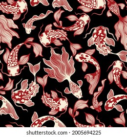 Japanese Koi Fish Vector Seamless Pattern on Black for Fabric Textile Printing