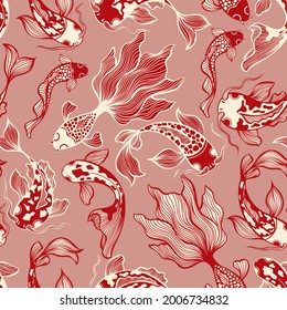 Japanese Koi Fish Vector Seamless Pattern in Red Colors for Fabric Textile Printing