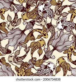 Japanese Koi Fish Vector Seamless Pattern in Modern Style for Fabric Textile Printing