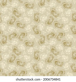 Japanese Koi Fish Vector Seamless Pattern in Neutral Beige Colors for Fabric Textile Printing