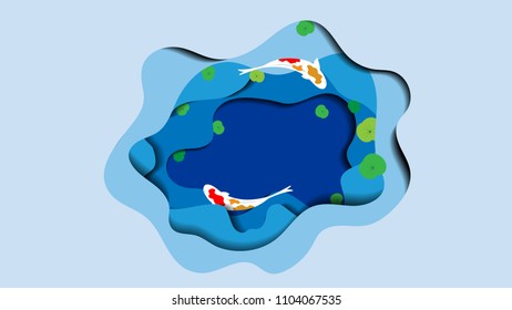 Japanese koi fishes swimming and green lotus leaves floating in blue water. Paper cut and layers vector style.