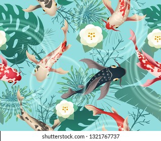 Los koi japoneses pescan un patrón tropical. Fondo exótico con hojas tropicales, koi de flor y chino, textura transparente en estanque japonés, ilustración vectorial