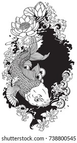 japanese koi gold carp fish . Lotus flower with water splash and feng shui money coins .Black and white  illustration tattoo style drawing