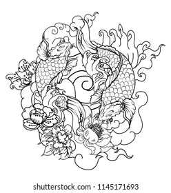 Japanese Koi tattoo design with peony flower and lotus on smoke and cloud.Traditional koi carp fish coloring book idea and illustration.