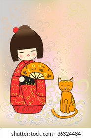 Japanese Kokeshi doll with her cat on floral background