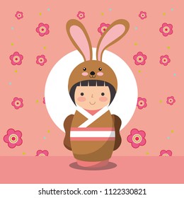 japanese kokeshi doll in kimono animal costume