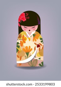 Japonês kokeshi bonecas ícone de personagem ilustração vetorial. Meninas asiáticas kawai vestindo quimono. Mulheres asiáticas bonitas de cartum.