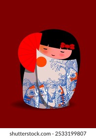 Japonês kokeshi bonecas ícone de personagem ilustração vetorial. Meninas asiáticas kawai vestindo quimono. Mulheres asiáticas bonitas de cartum.