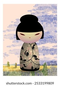 Japonês kokeshi bonecas ícone de personagem ilustração vetorial. Meninas asiáticas kawai vestindo quimono. Mulheres asiáticas bonitas de cartum.