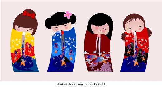 Japonês kokeshi bonecas ícone de personagem ilustração vetorial. Meninas asiáticas kawai vestindo quimono. Mulheres asiáticas bonitas de cartum.