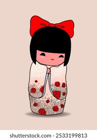 Japonês kokeshi bonecas ícone de personagem ilustração vetorial. Meninas asiáticas kawai vestindo quimono. Mulheres asiáticas bonitas de cartum.