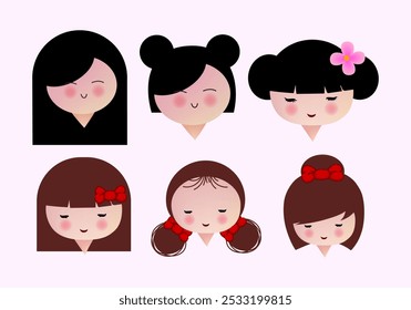 Japonês kokeshi bonecas ícone de personagem ilustração vetorial. Meninas asiáticas kawai vestindo quimono. Mulheres asiáticas bonitas de cartum.