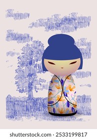 Japonês kokeshi bonecas ícone de personagem ilustração vetorial. Meninas asiáticas kawai vestindo quimono. Mulheres asiáticas bonitas de cartum.