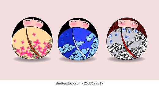 Japonês kokeshi bonecas ícone de personagem ilustração vetorial. Meninas asiáticas kawai vestindo quimono. Mulheres asiáticas bonitas de cartum.