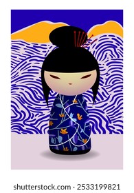 Japonês kokeshi bonecas ícone de personagem ilustração vetorial. Meninas asiáticas kawai vestindo quimono. Mulheres asiáticas bonitas de cartum.