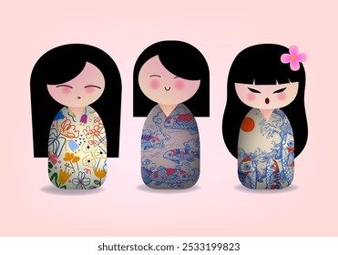 Japonês kokeshi bonecas ícone de personagem ilustração vetorial. Meninas asiáticas kawai vestindo quimono. Mulheres asiáticas bonitas de cartum.