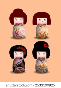 Japonês kokeshi bonecas ícone de personagem ilustração vetorial. Meninas asiáticas kawai vestindo quimono. Mulheres asiáticas bonitas de cartum.