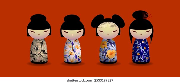 Japonês kokeshi bonecas ícone de personagem ilustração vetorial. Meninas asiáticas kawai vestindo quimono. Mulheres asiáticas bonitas de cartum.