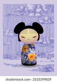 Japonês kokeshi bonecas ícone de personagem ilustração vetorial. Meninas asiáticas kawai vestindo quimono. Mulheres asiáticas bonitas de cartum.