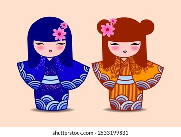 Japonês kokeshi bonecas ícone de personagem ilustração vetorial. Meninas asiáticas kawai vestindo quimono. Mulheres asiáticas bonitas de cartum.