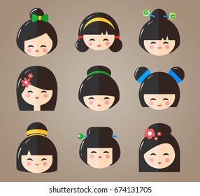 Japanese Kokeshi Dolls Heads Icons. Kawaii asian girls with different haircuts isolated on the white background. Flat vector illustration