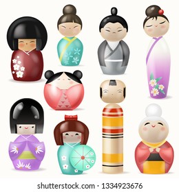 Japanese Kokeshi Dolls vector beautiful girl woman character geisha in female traditional girlie kimono in Japan illustration set of toys man kawaii isolated on white background