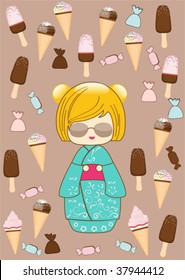 Japanese Kokeshi summer doll with ice cream, vector illustration