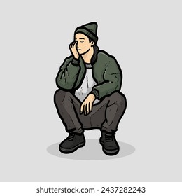 Japanese Korean Chinese Asian Sad boy man guy with Cool style doing asian squat on the ground isolated on grey background vector modern illustrations