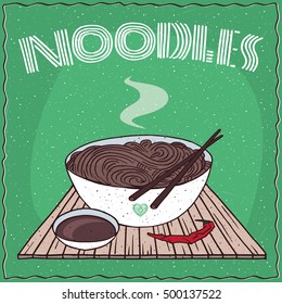 Japanese or Korean dish of brown buckwheat noodles, known as Naengmyeon or Soba, in bowl on wooden mat with chopsticks. Nearby chili pepper and soy sauce. Hand drawn. Vector illustration