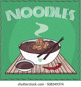 Japanese or Korean dish of brown buckwheat noodles and chicken, known as Naengmyeon or Soba, in white bowl on wooden mat with chopsticks. Nearby soy sauce. Hand drawn. Vector illustration