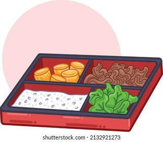 Arroz Bento japonés o coreano con bolas de pollo Bulgogi carne Teriyaki y lechuga. Estilo plano de ilustración vectorial de la caja de almuerzo.