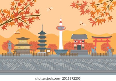 Japanese Kyoto old townscape vector illustration.  Autumn scenery.