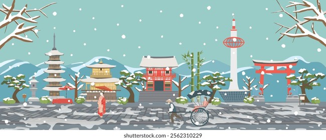 Japanese Kyoto old townscape vector illustration.  Winter scenery.