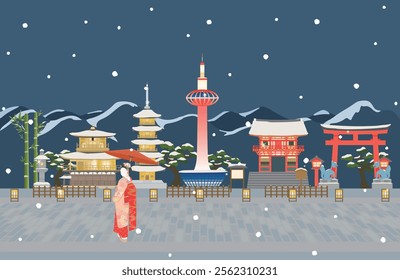 Japanese Kyoto old townscape vector illustration.  Winter scenery.