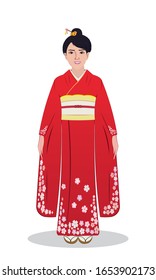 Japanese Lady dress in cherry blossoms kimono drawing in vector