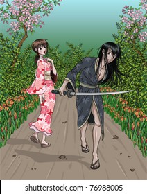 Japanese lady in kimono and samurai meet on forest path