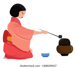 A Japanese lady making and serving tea in a blue tea cup, vector, color drawing or illustration. 