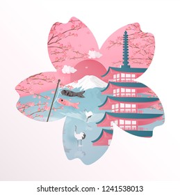 Japanese landmark with Fuji mountain and Pagoda in Sakura frame in season concept for travel postcard, poster, tour advertising of world famous landmarks in paper cut style. Vector illustration.