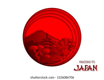 Japanese landmarks on the background of the japanese flag. Elements for design of travel brochures, cards, banners, covers. 3d vector illustration, paper cut style.