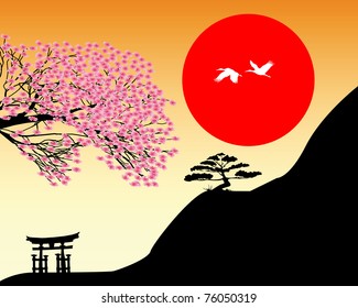 Japanese landscape against the backdrop of red and orange sky sun