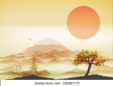 Japanese Landscape Background with Mountains and Arch - Vector Illustration