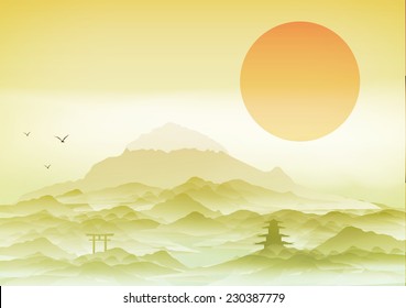 Japanese Landscape Background with Mountains and Arch - Vector Illustration