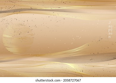 Japanese landscape background old card on gold line wave pattern vector illustration. Golden luxury Abstract template geometric pattern. Mountain layout design in oriental style vintage brochure flyer
