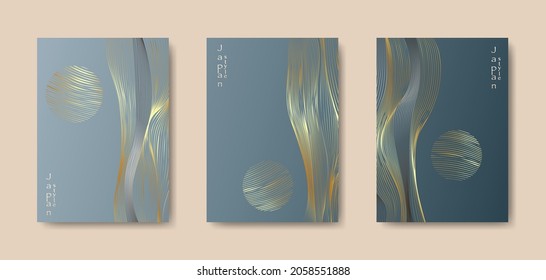 Japanese landscape background set cards gold line wave pattern vector illustration. Blue luxury Abstract template geometric wavy texture. Mountain layout design in oriental style, vertical brochure