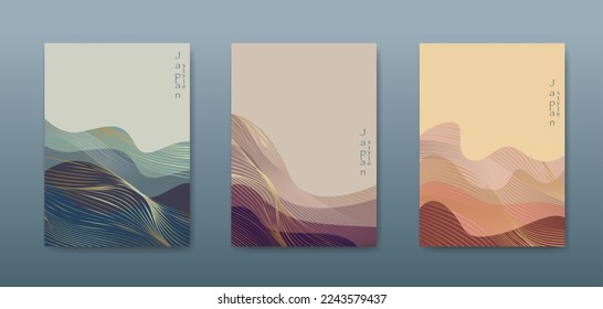 Japanese landscape background set cards gold line wave pattern vector illustration. Blue luxury Abstract template geometric wavy texture. Mountain layout design in oriental style, vertical brochure